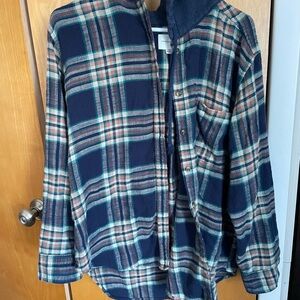 Blue and Green Plaid Hooded Flannel Shirt